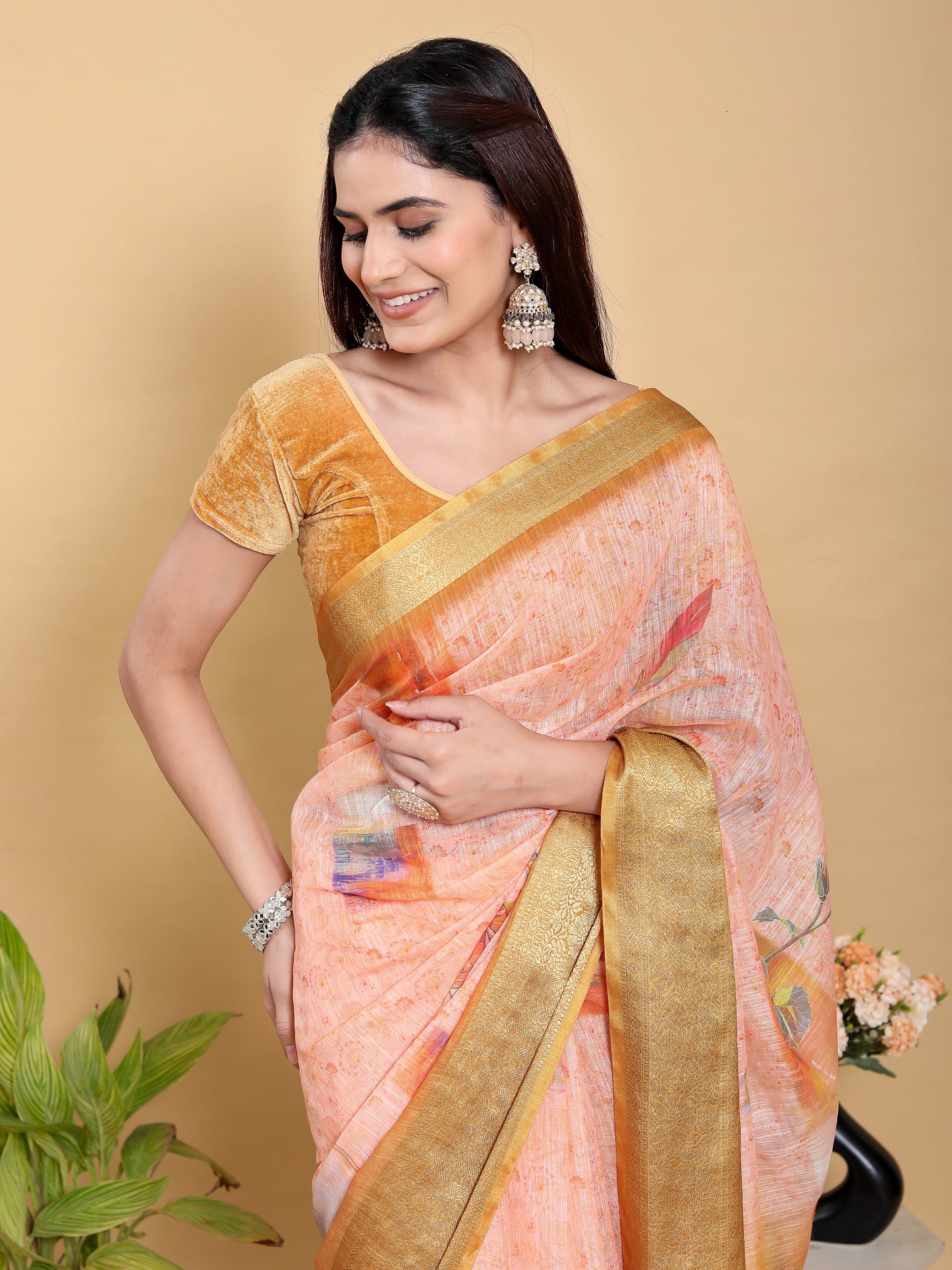 Abstract Peach & Gold Floral Linen Cotton Saree