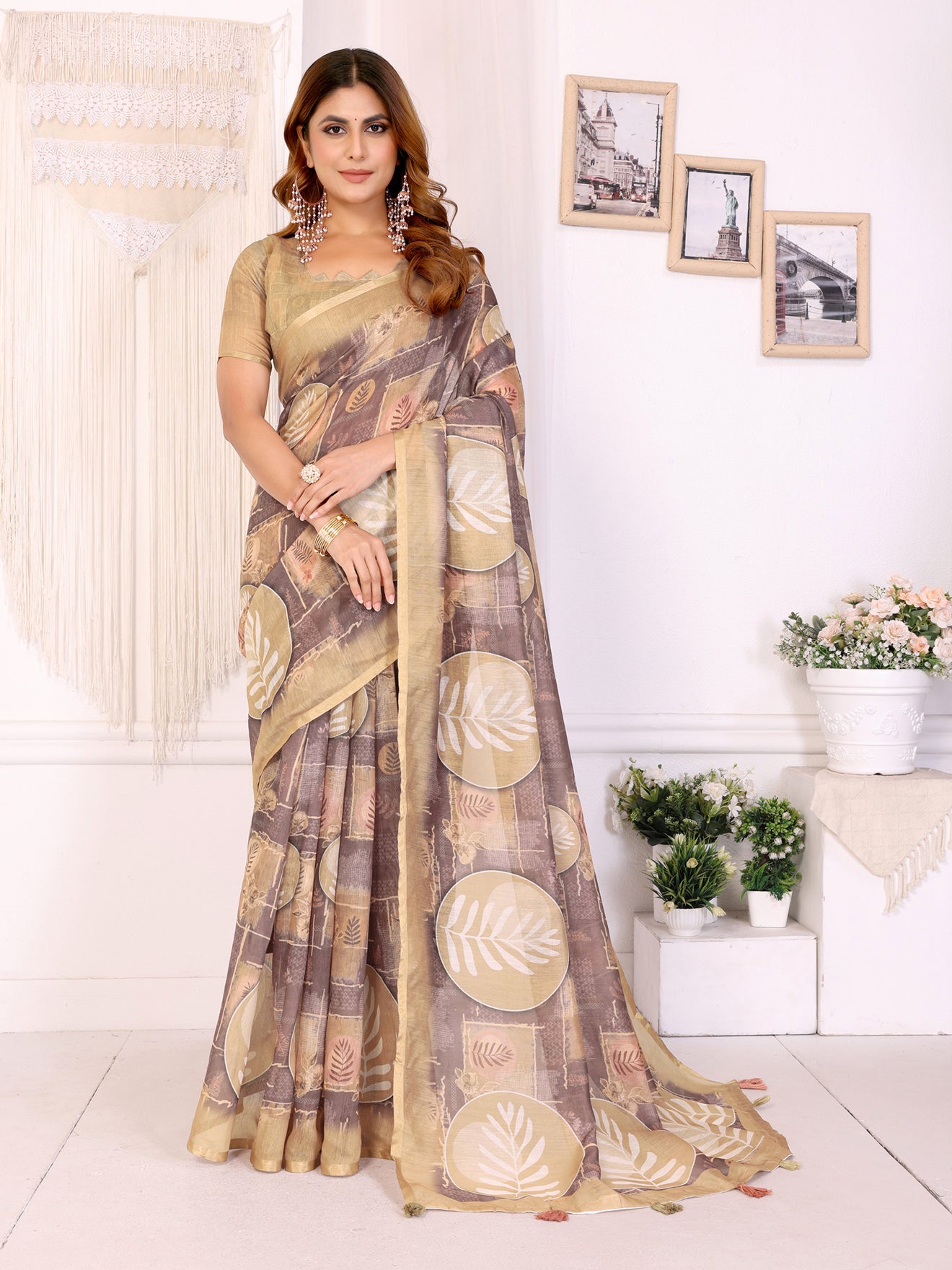 Elegant  White Chanderi cotton Saree with Floral Print