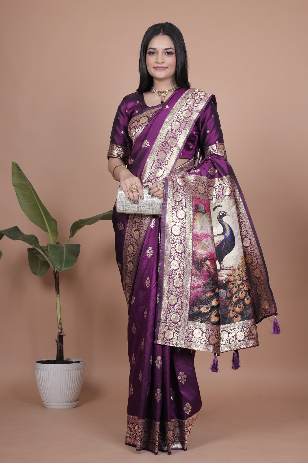 Royal Purple Banarasi Silk Saree with Peacock Pallu Design