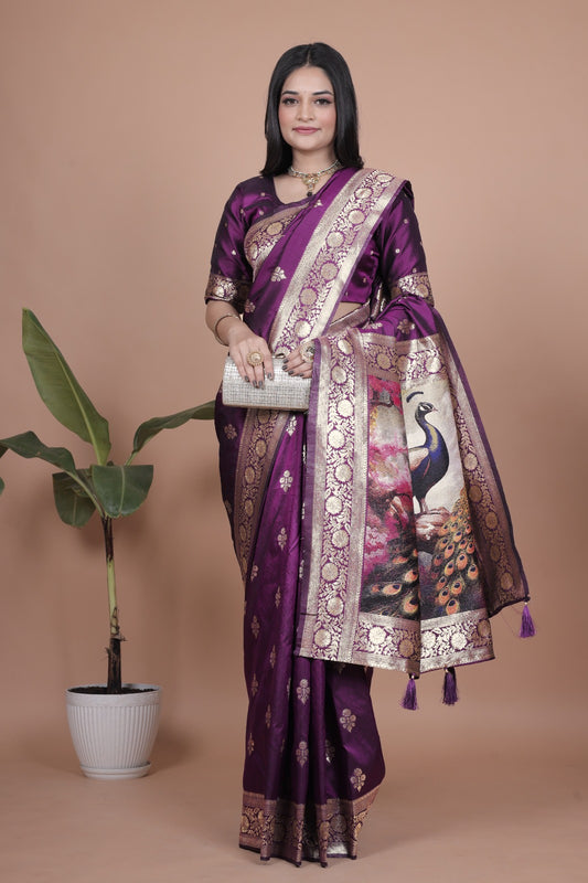 Royal Purple Banarasi Silk Saree with Peacock Pallu Design