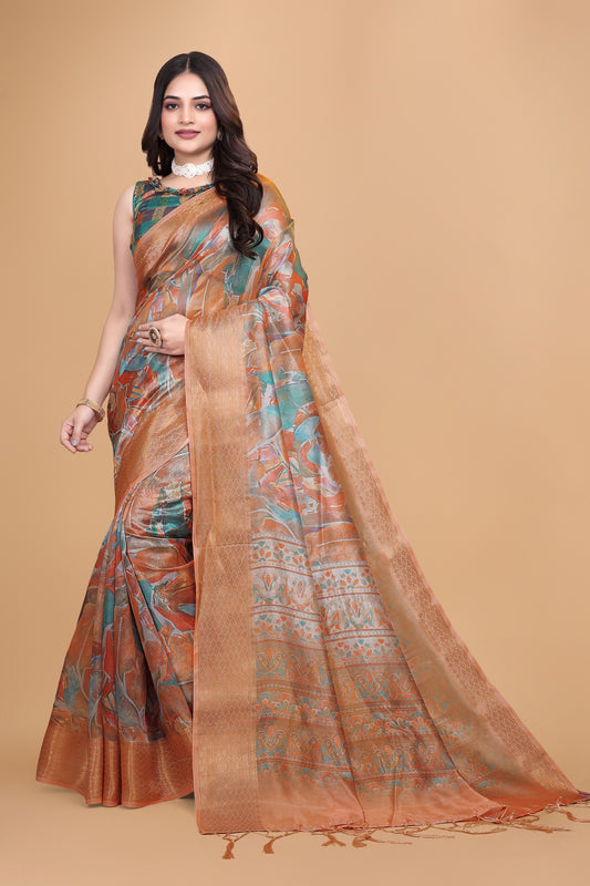 Orange & Copper Soft Silk Blend Saree with Zari Border and Printed Pallu