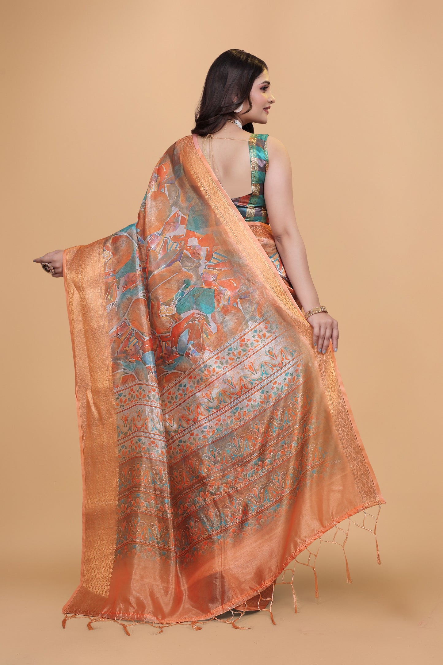 Orange & Copper Soft Silk Blend Saree with Zari Border and Printed Pallu