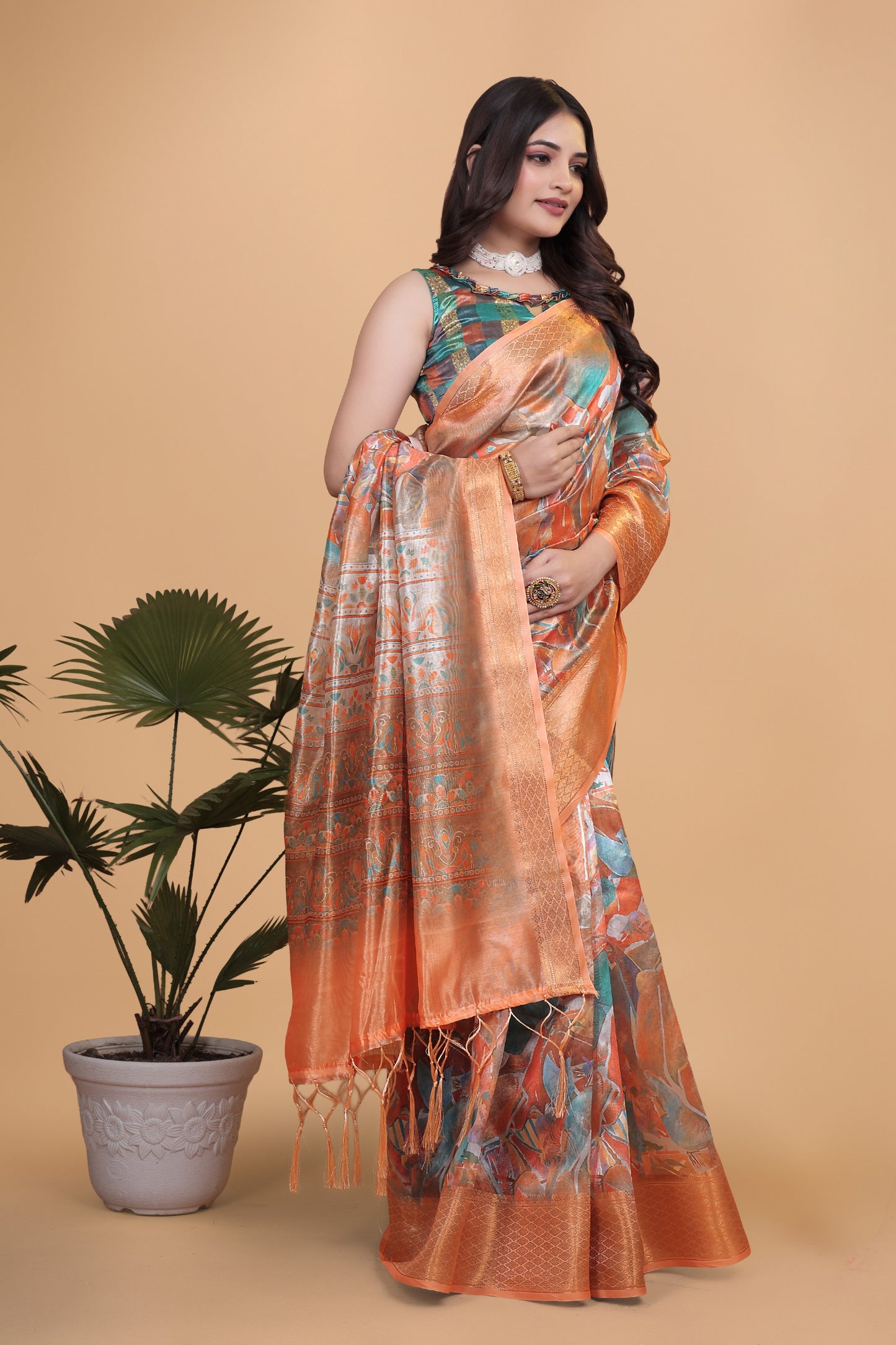 Orange & Copper Soft Silk Blend Saree with Zari Border and Printed Pallu