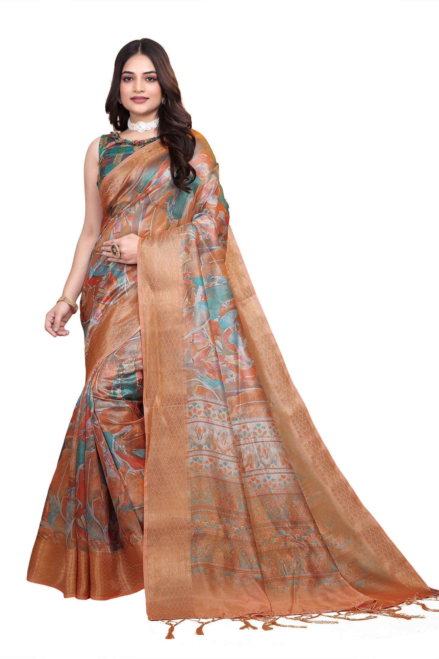 Orange & Copper Soft Silk Blend Saree with Zari Border and Printed Pallu