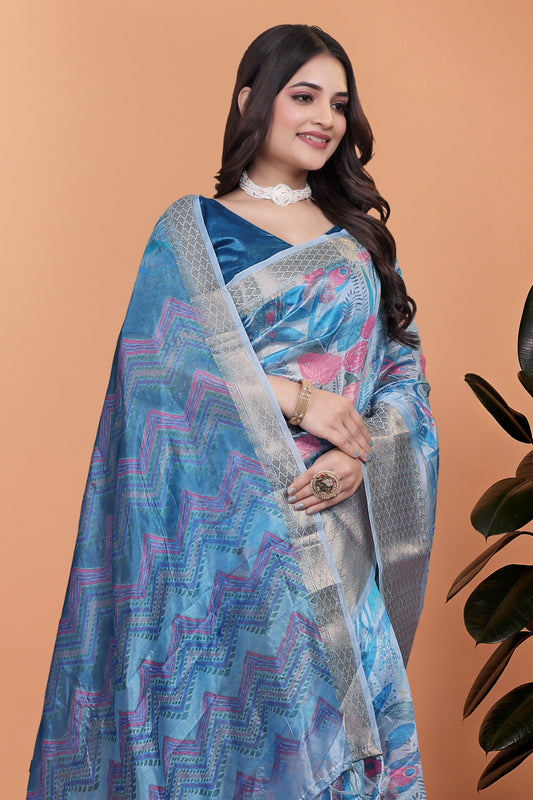 Sky Blue Floral Printed Soft Silk Saree with Zari Border