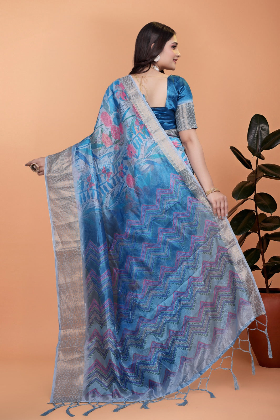 Sky Blue Floral Printed Soft Silk Saree with Zari Border