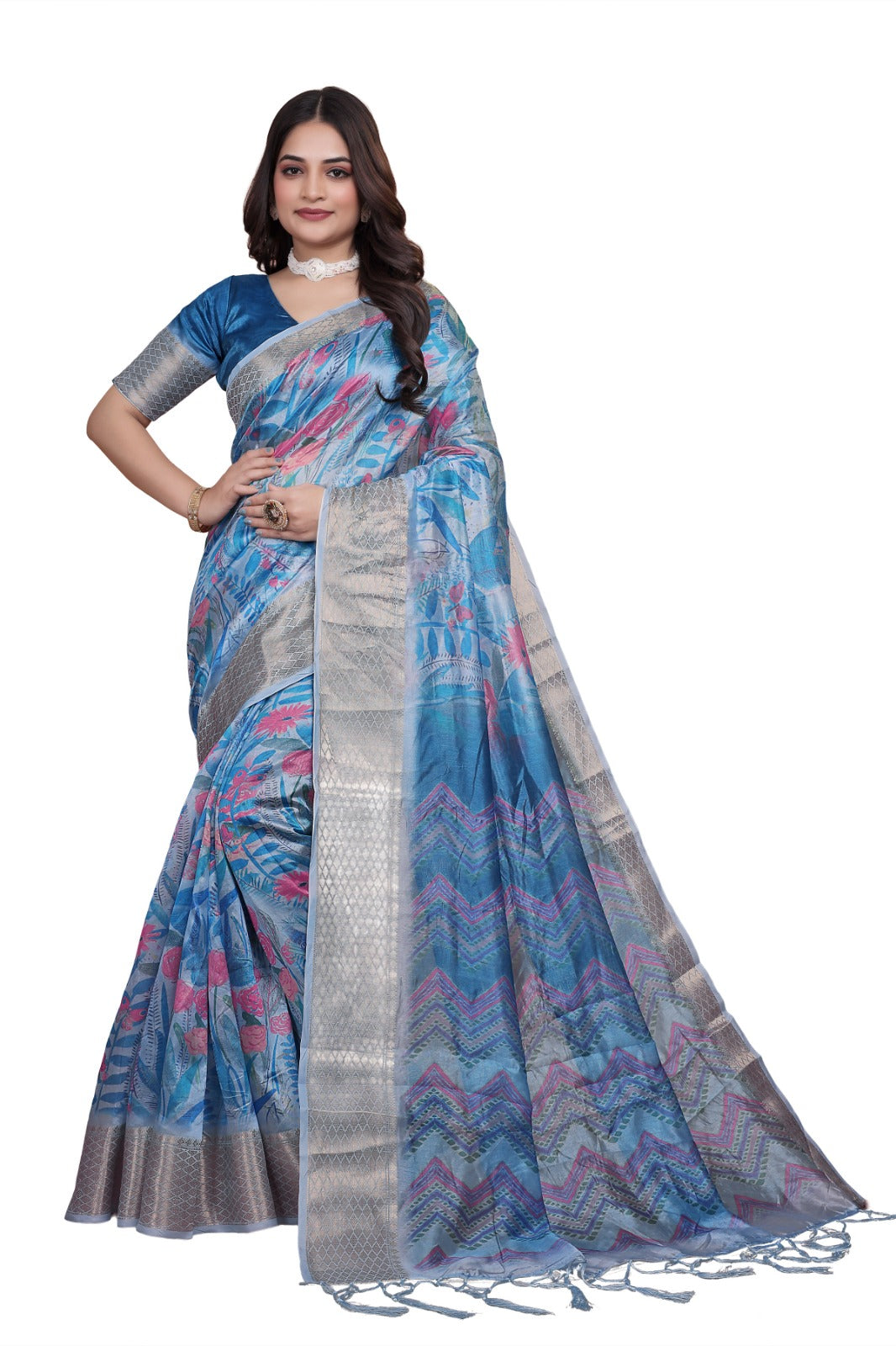 Sky Blue Floral Printed Soft Silk Saree with Zari Border