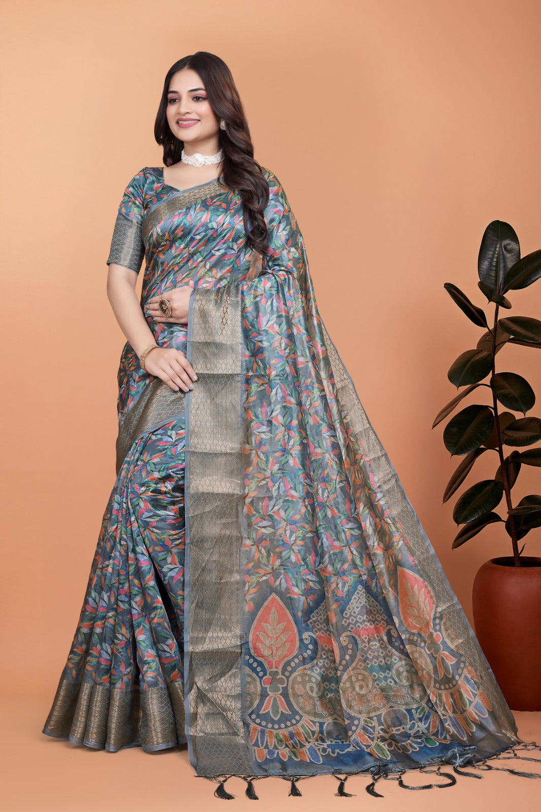 Grey & Multicolor Soft Silk Saree with Ethnic Pallu