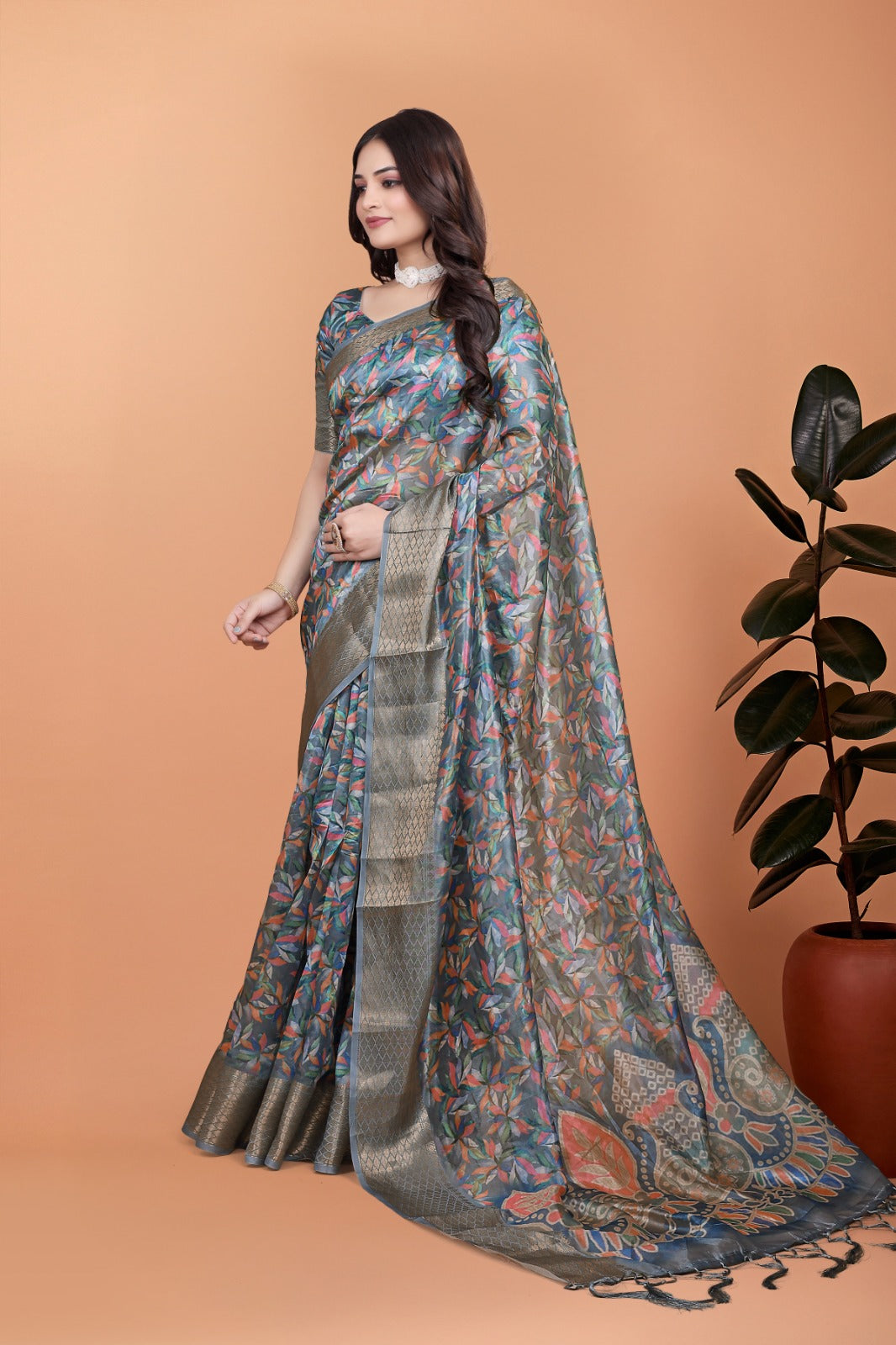 Grey & Multicolor Soft Silk Saree with Ethnic Pallu