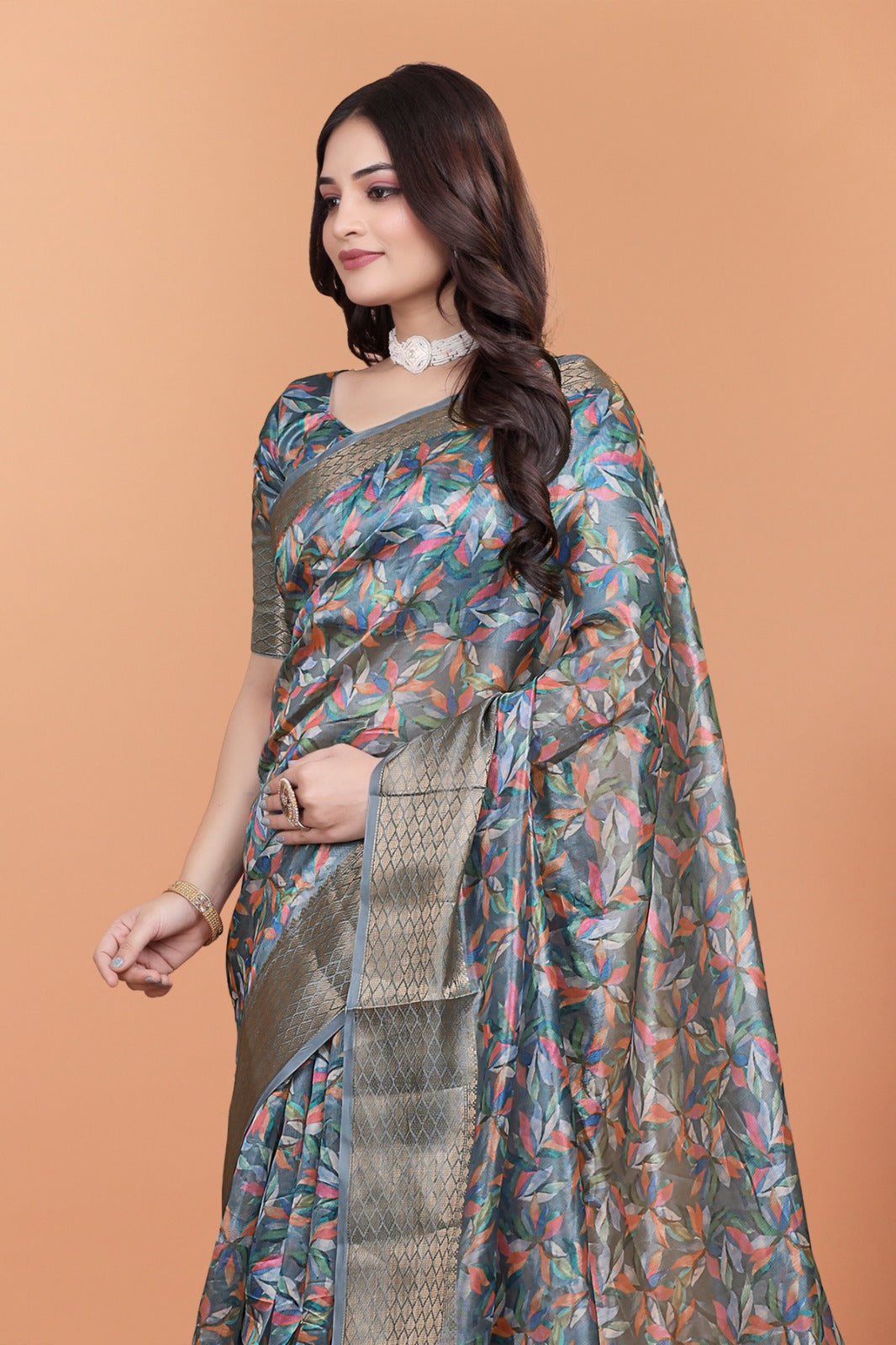 Grey & Multicolor Soft Silk Saree with Ethnic Pallu