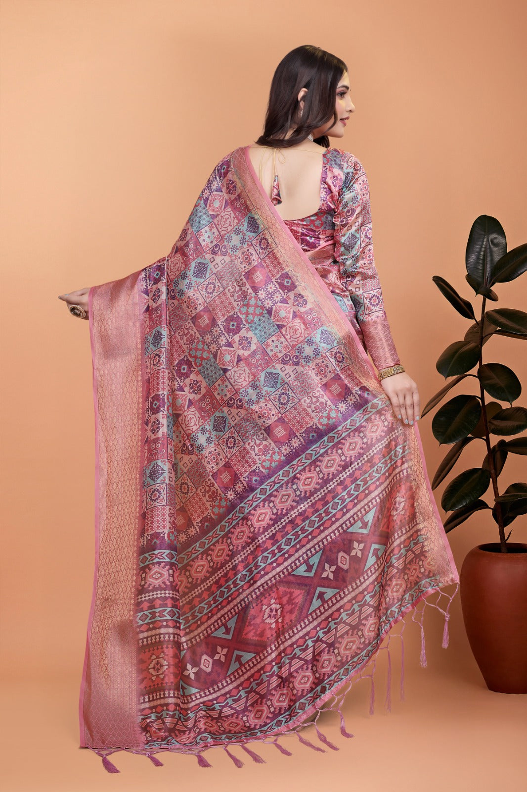 Pink Soft Silk Saree with Copper Zari Border & Multicolor Pallu