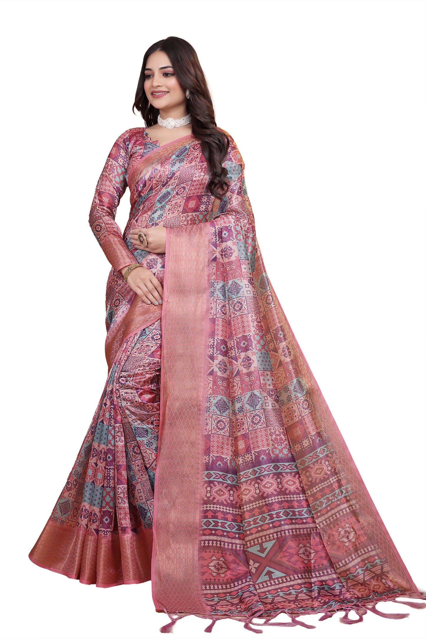 Pink Soft Silk Saree with Copper Zari Border & Multicolor Pallu