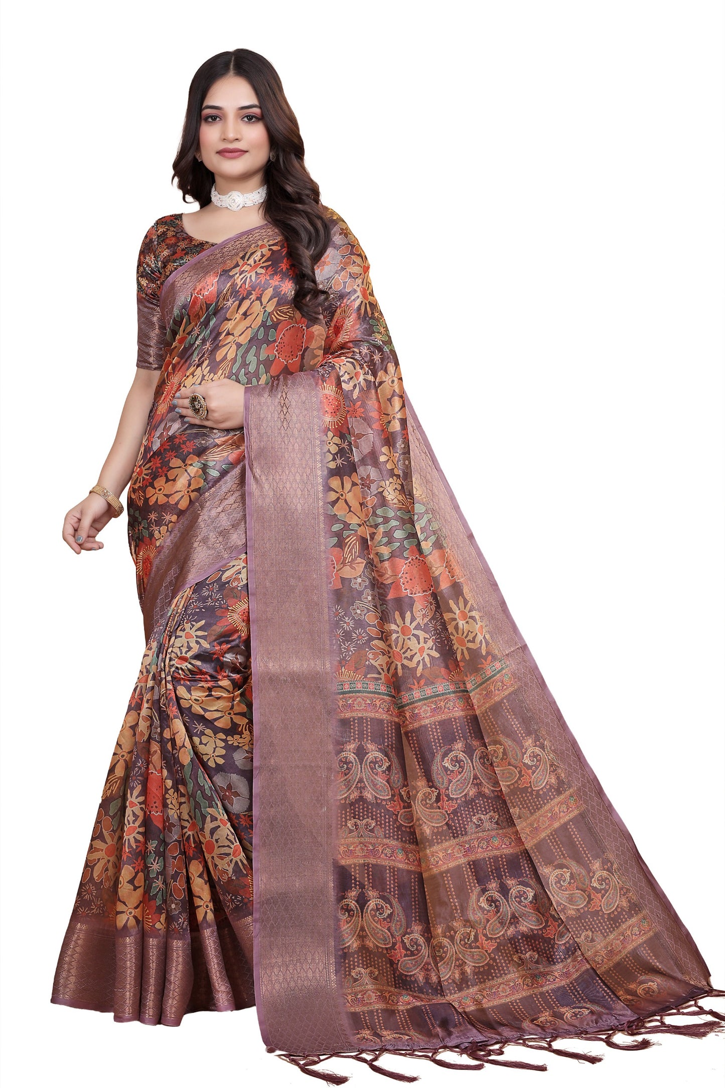 Lavender Soft Silk Saree with Copper Zari Border & Floral Pallu