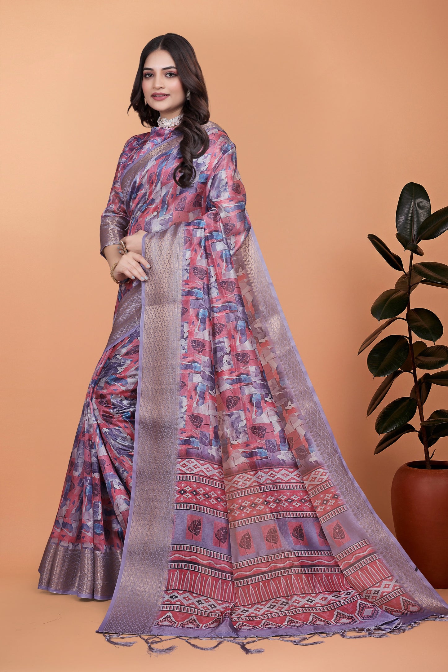 Lavender & Pink Soft Silk Saree with Copper Zari Border & Leaf Print