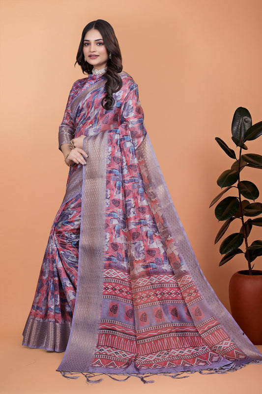 Lavender & Pink Soft Silk Saree with Copper Zari Border & Leaf Print
