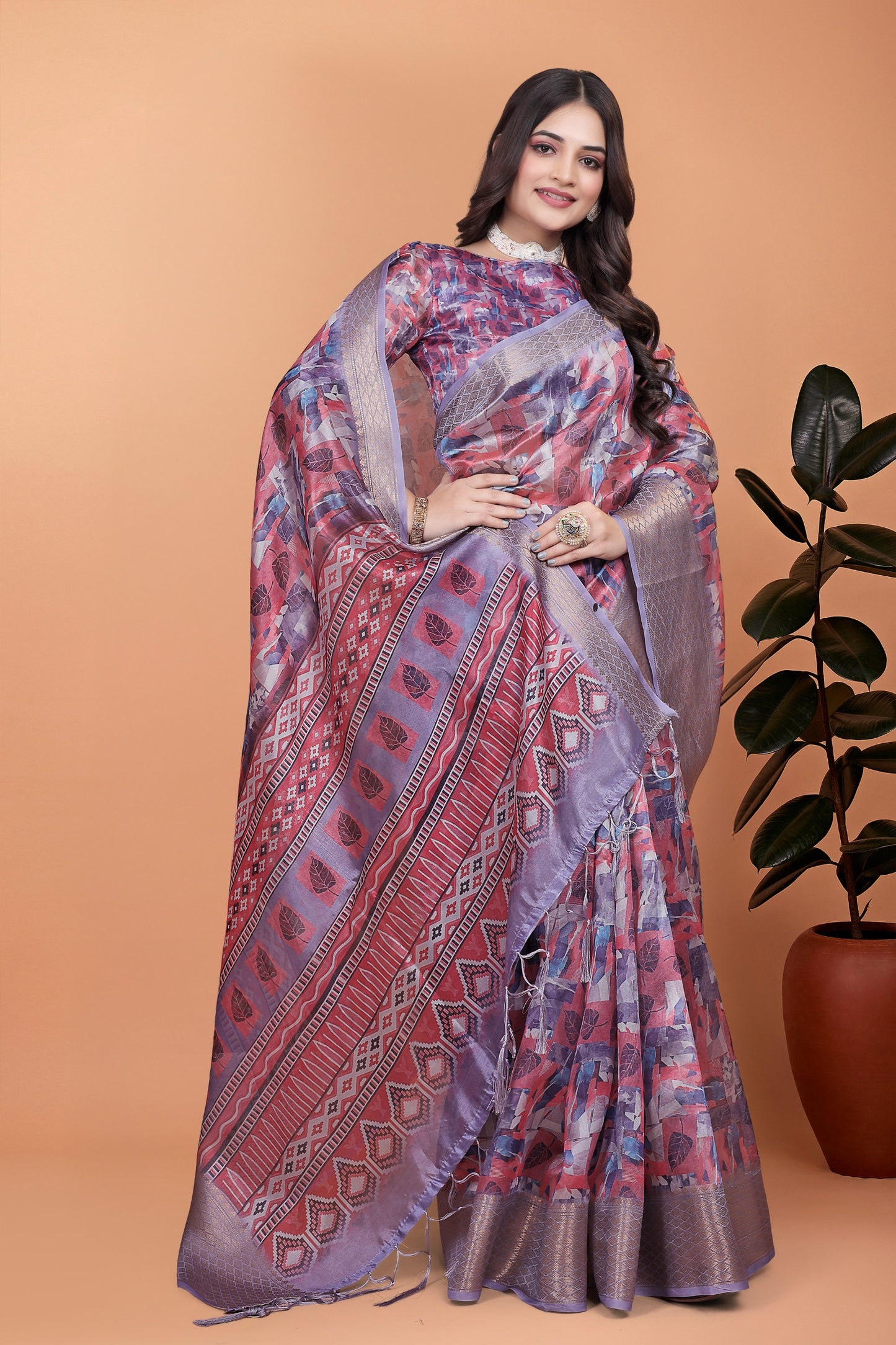 Lavender & Pink Soft Silk Saree with Copper Zari Border & Leaf Print