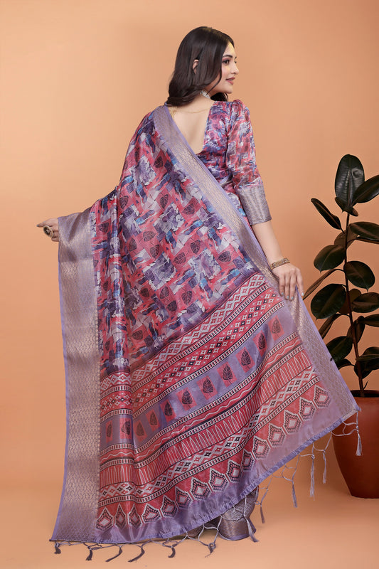 Lavender & Pink Soft Silk Saree with Copper Zari Border & Leaf Print