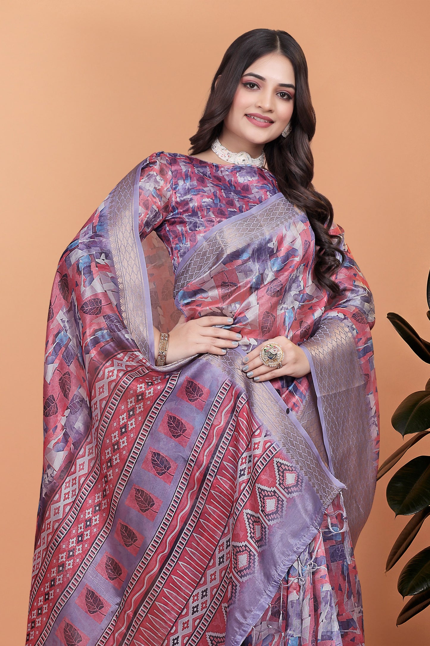 Lavender & Pink Soft Silk Saree with Copper Zari Border & Leaf Print