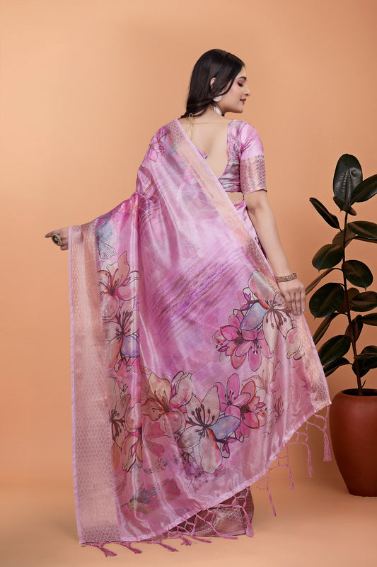 Baby Pink Soft Silk Saree with Floral Digital Print & Copper