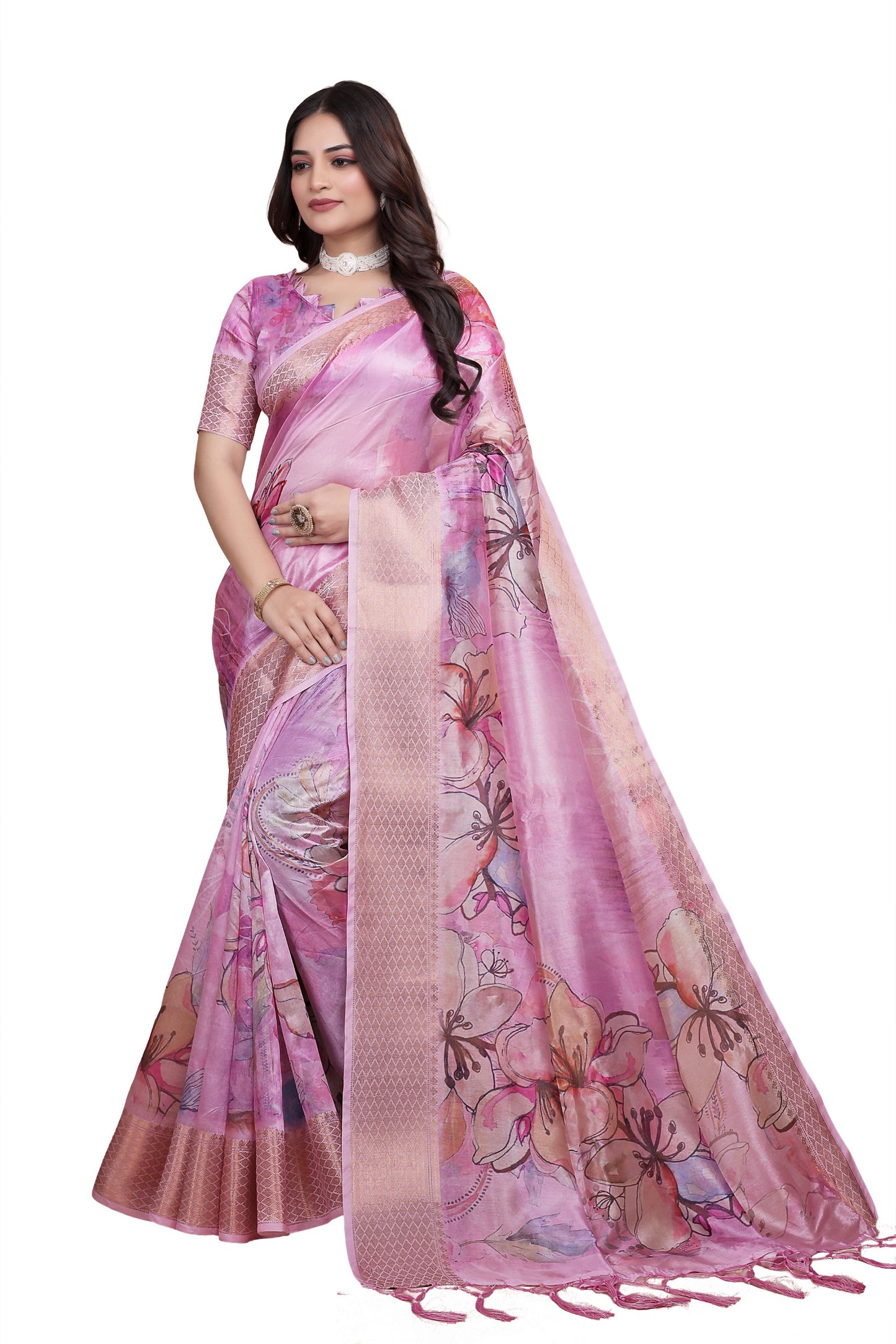 Baby Pink Soft Silk Saree with Floral Digital Print & Copper