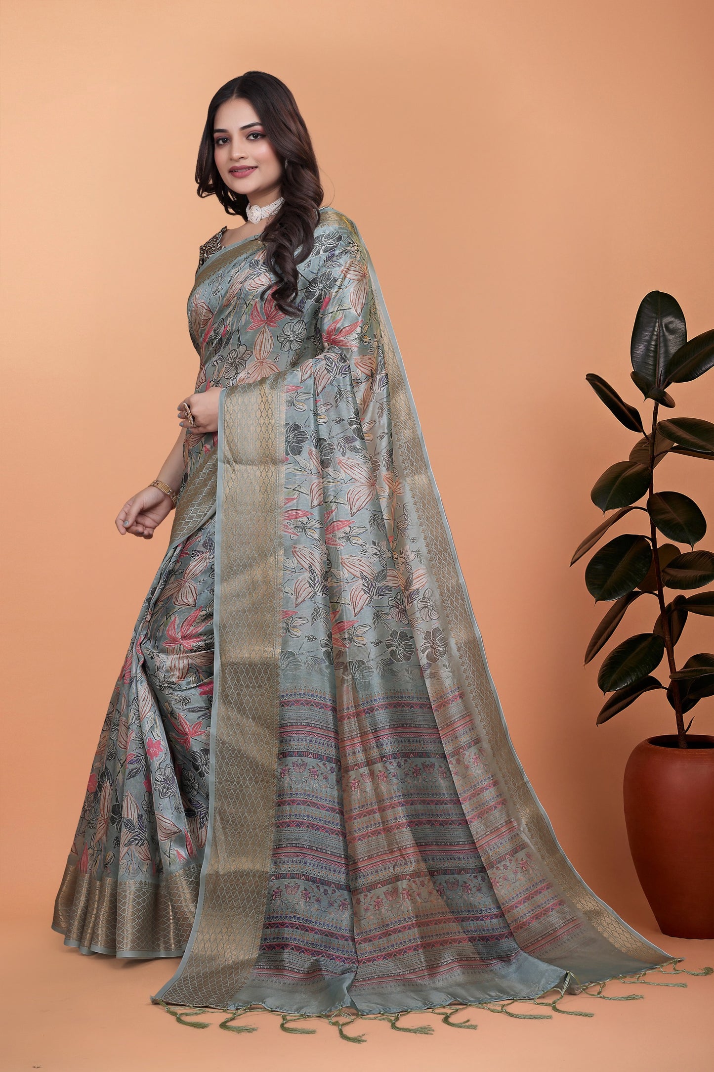 Soft Blue-Green Floral Printed Silk Saree with Zari Border