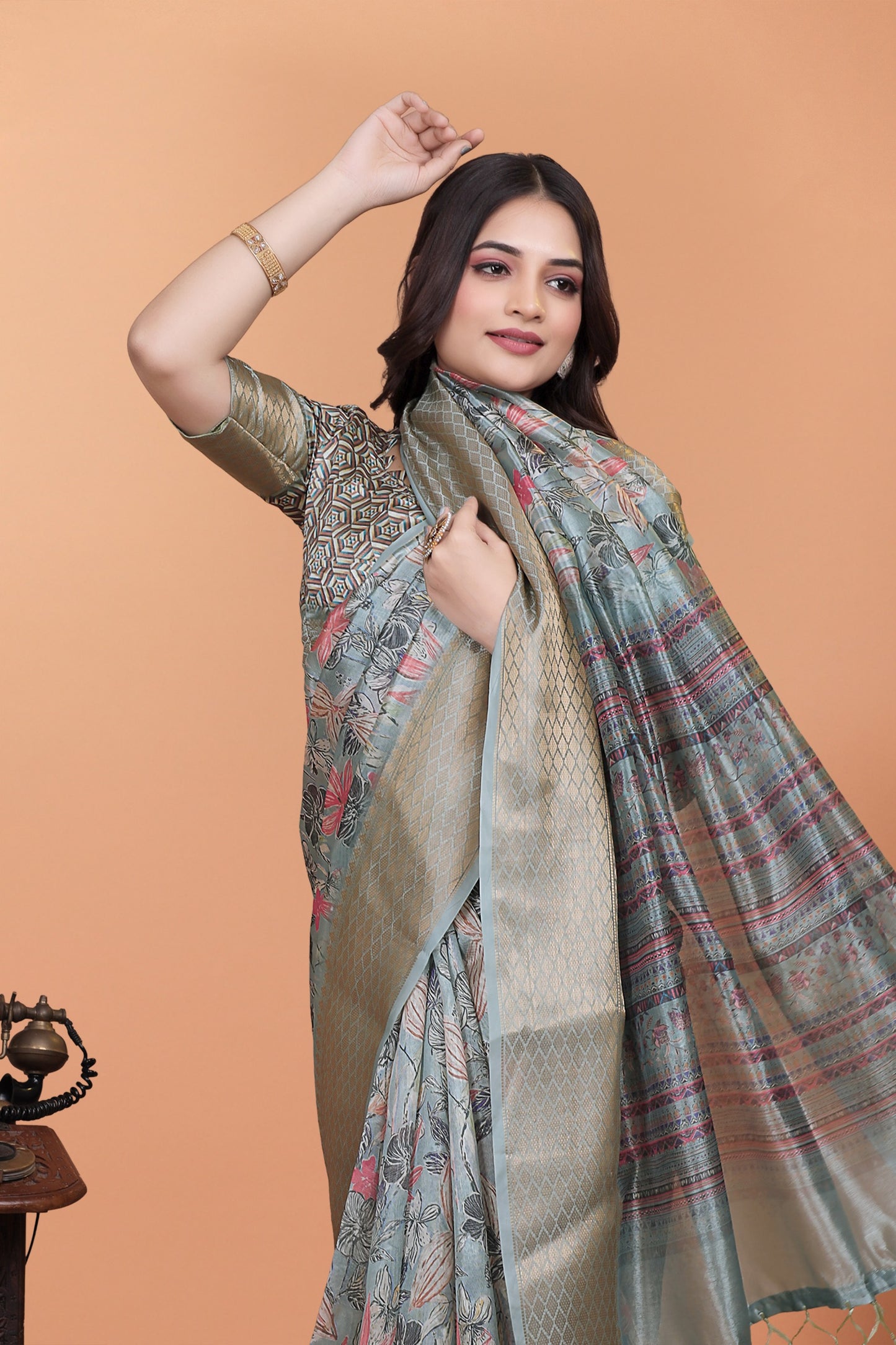 Soft Blue-Green Floral Printed Silk Saree with Zari Border
