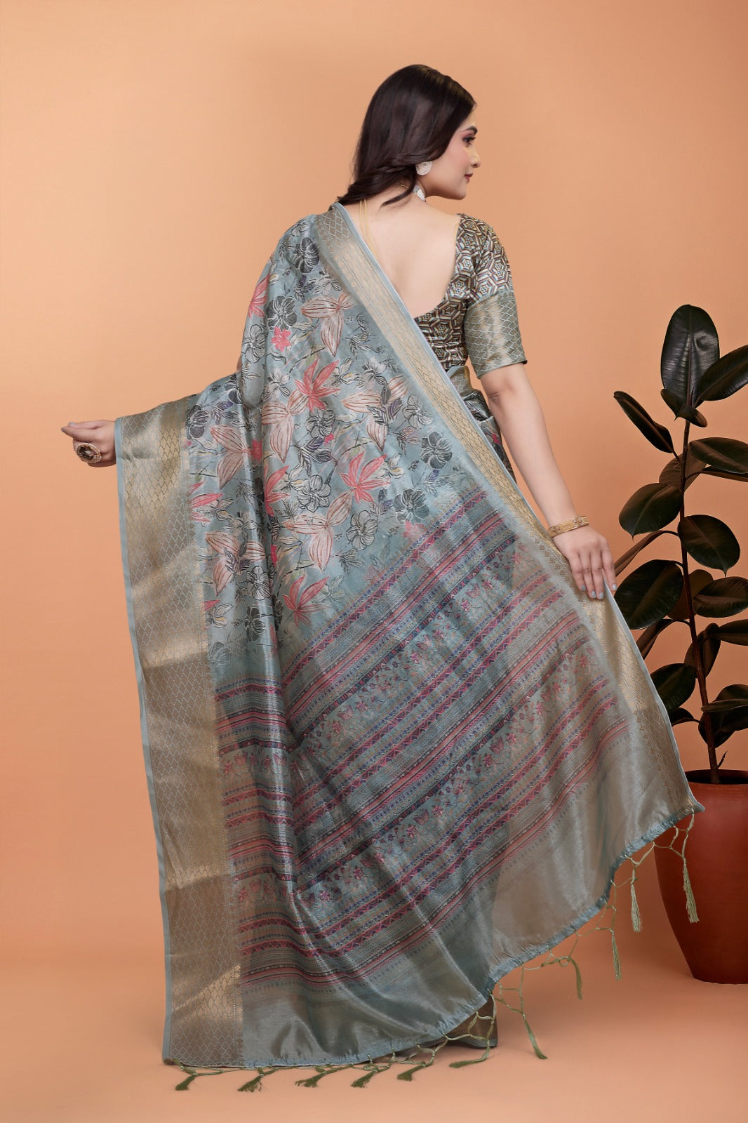 Soft Blue-Green Floral Printed Silk Saree with Zari Border