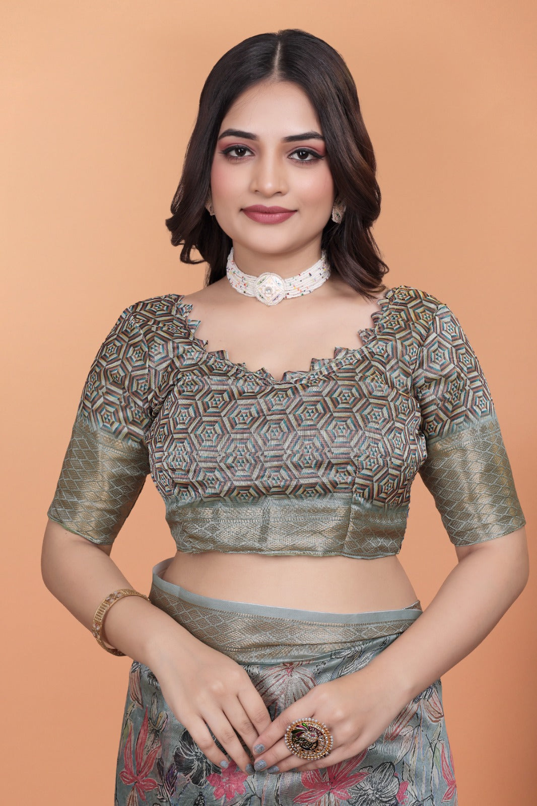 Soft Blue-Green Floral Printed Silk Saree with Zari Border