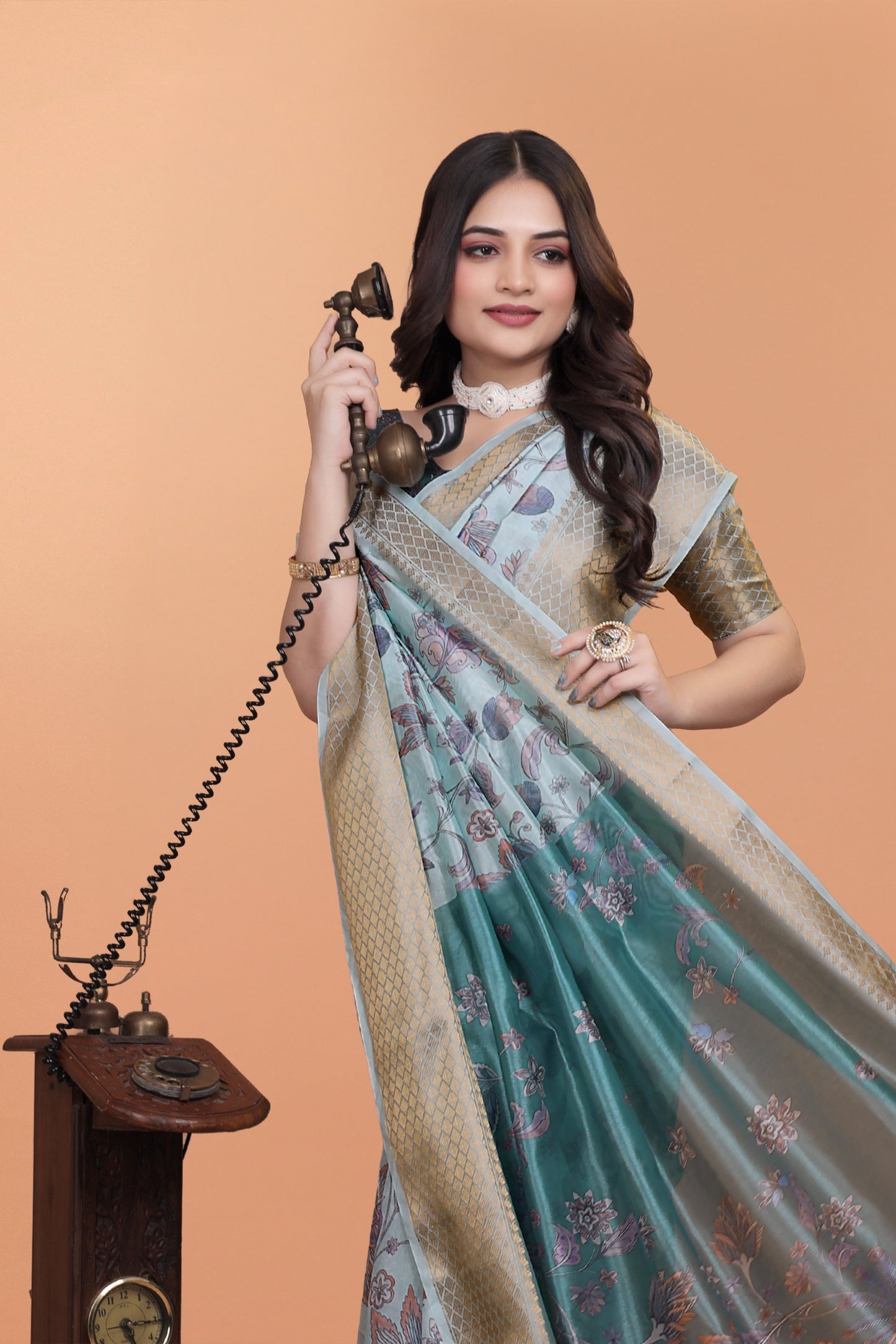 Pastel Blue & Teal Soft Silk Saree with Floral Weaving