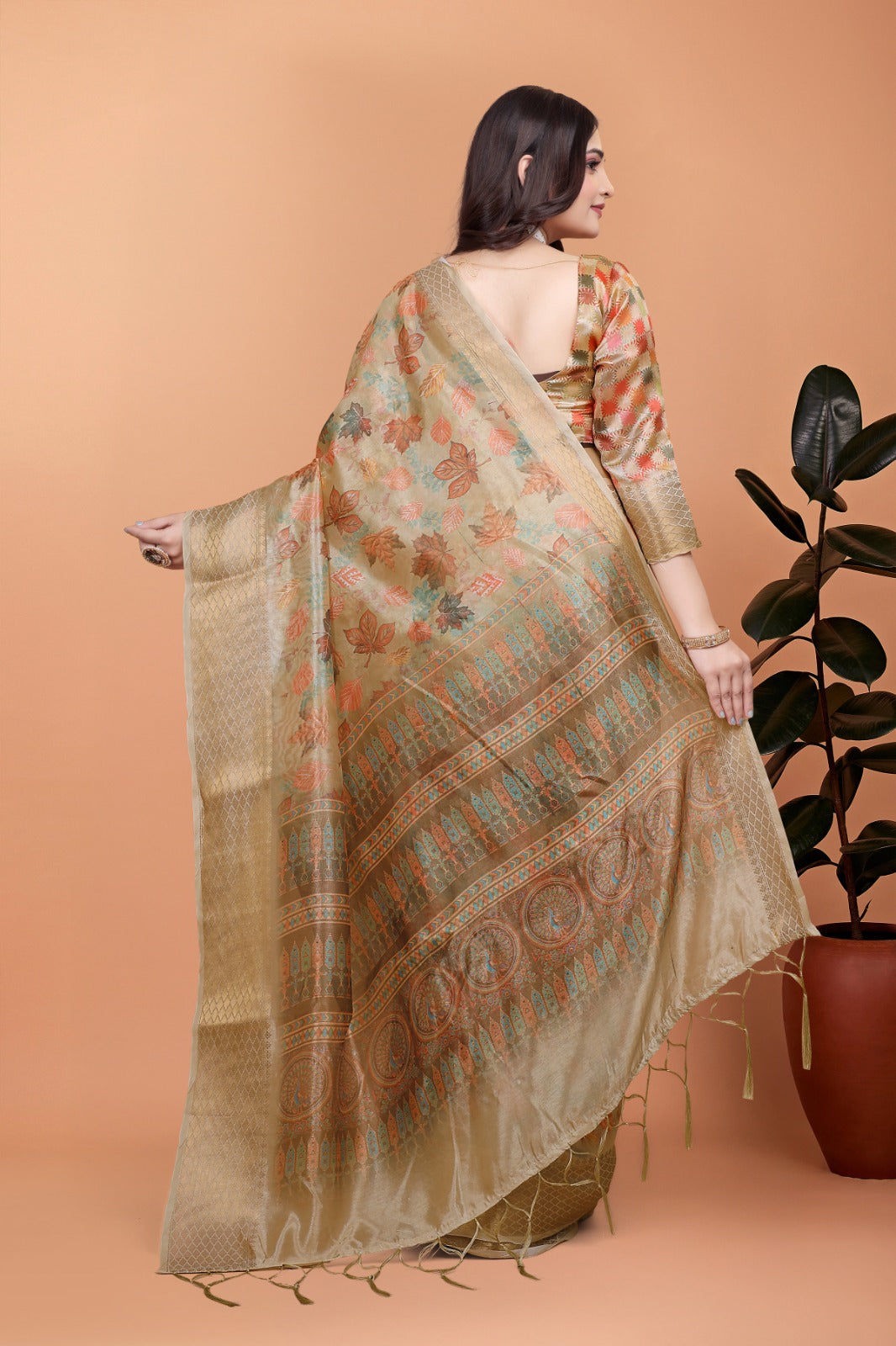 Golden Beige Soft Silk Saree with Autumn Leaf Print & Traditional Pallu