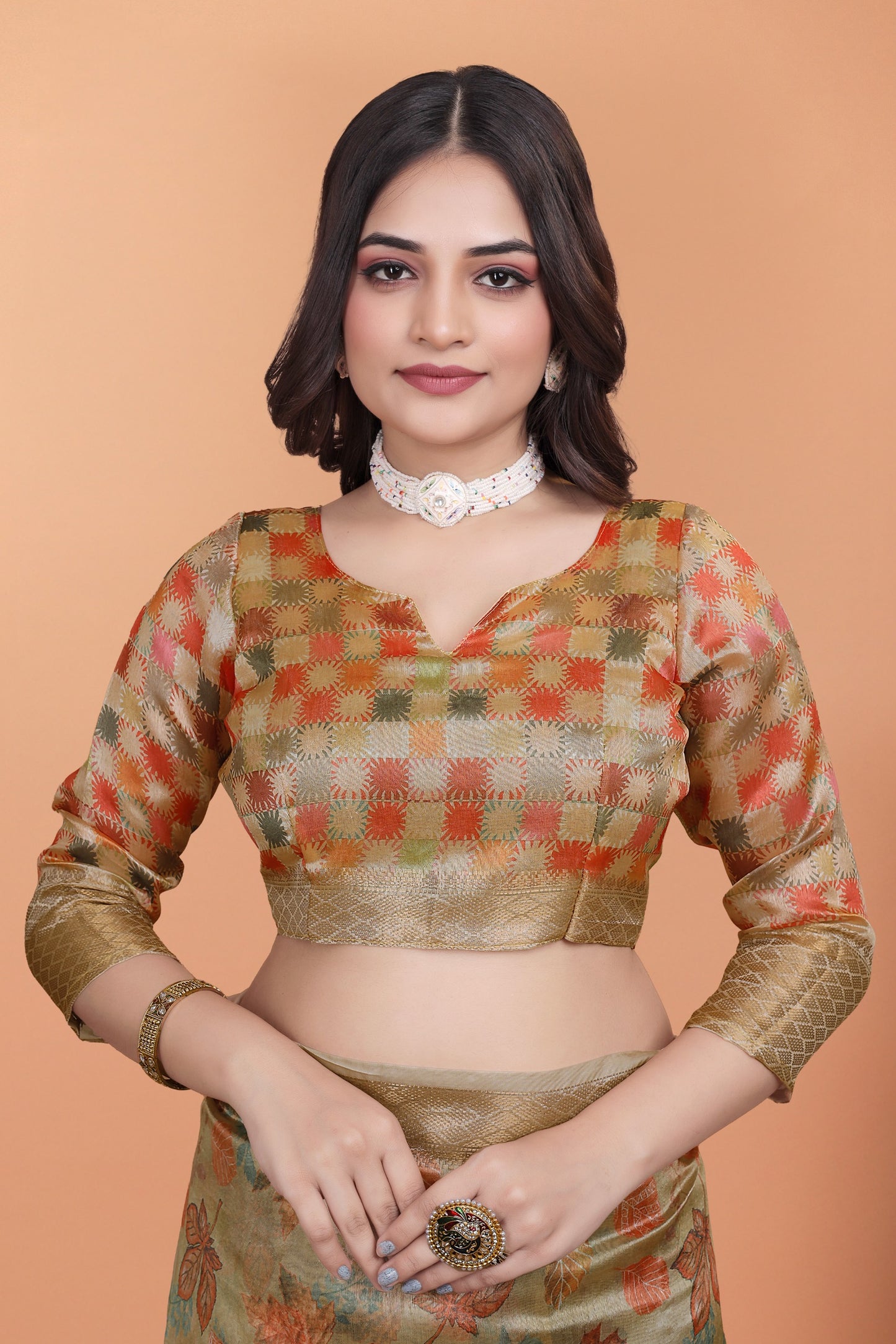 Golden Beige Soft Silk Saree with Autumn Leaf Print & Traditional Pallu