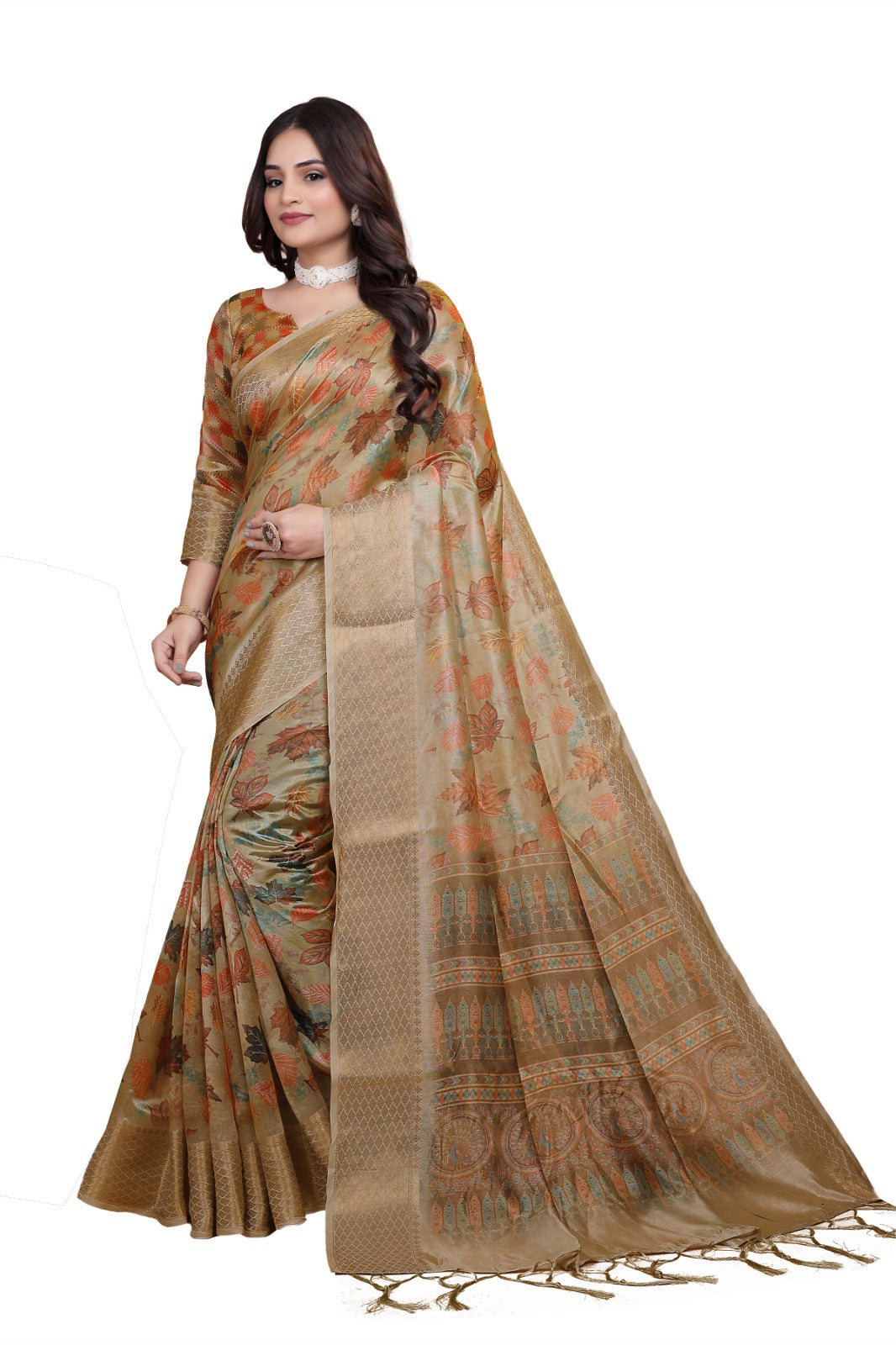 Golden Beige Soft Silk Saree with Autumn Leaf Print & Traditional Pallu