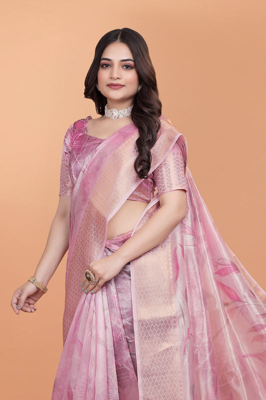 Soft Pink Silk Saree with Elegant Leaf Pattern