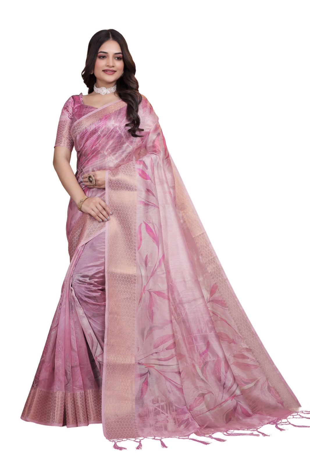 Soft Pink Silk Saree with Elegant Leaf Pattern