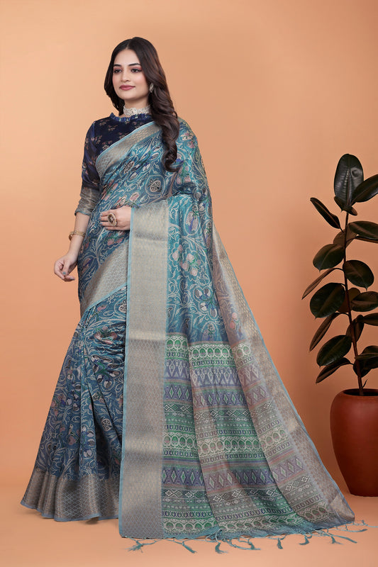 Peacock Blue Soft Silk Saree with Floral Zari Weave & Multi-Color Pallu