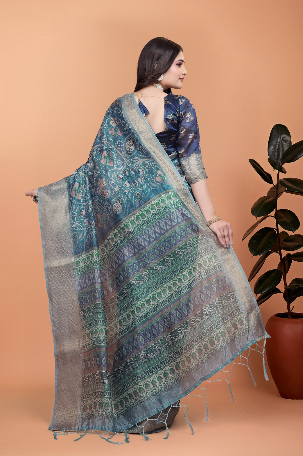 Peacock Blue Soft Silk Saree with Floral Zari Weave & Multi-Color Pallu