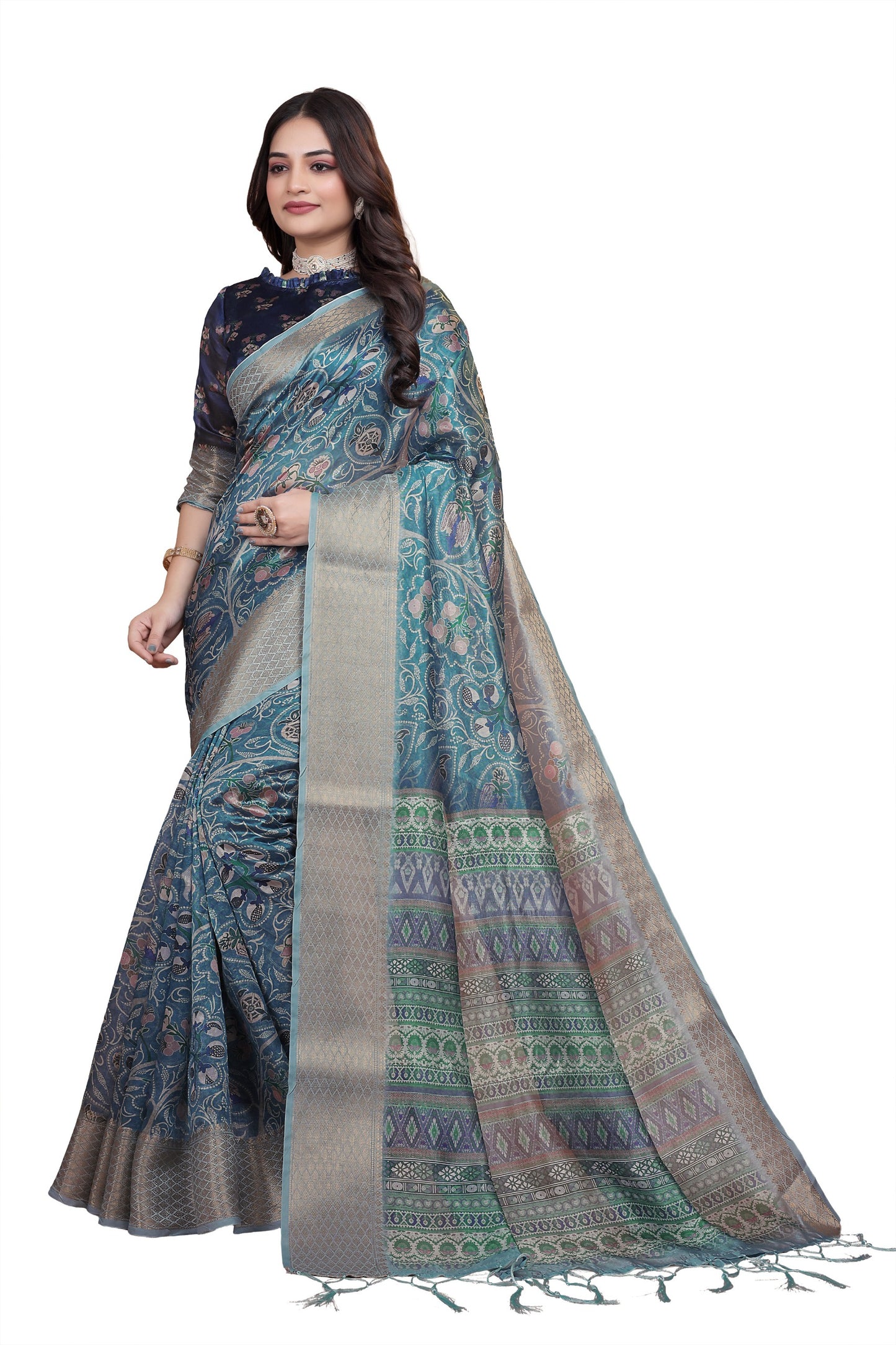 Peacock Blue Soft Silk Saree with Floral Zari Weave & Multi-Color Pallu