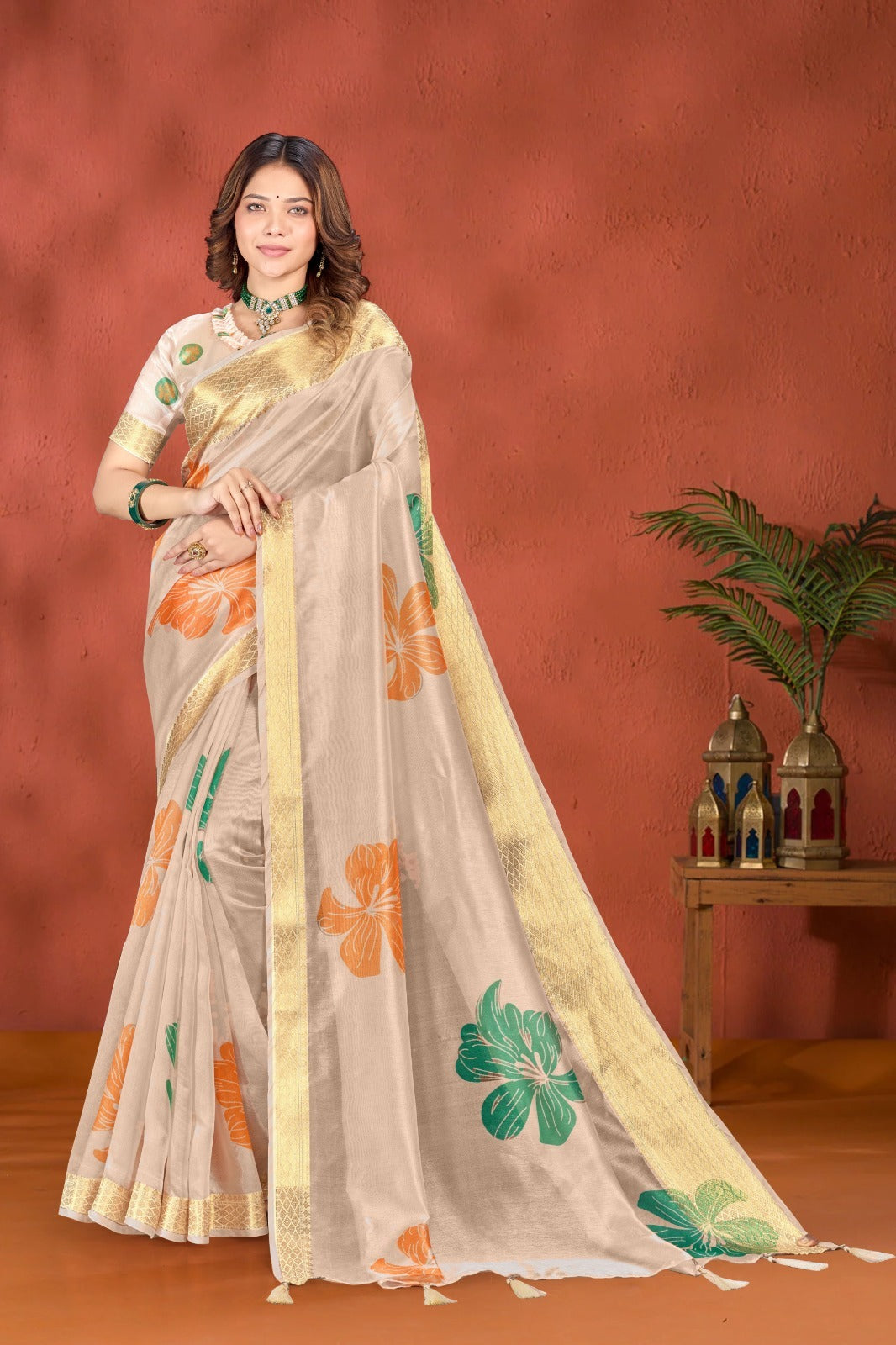 Beige Soft Silk Saree with Bold Floral Print & Golden Zari Border