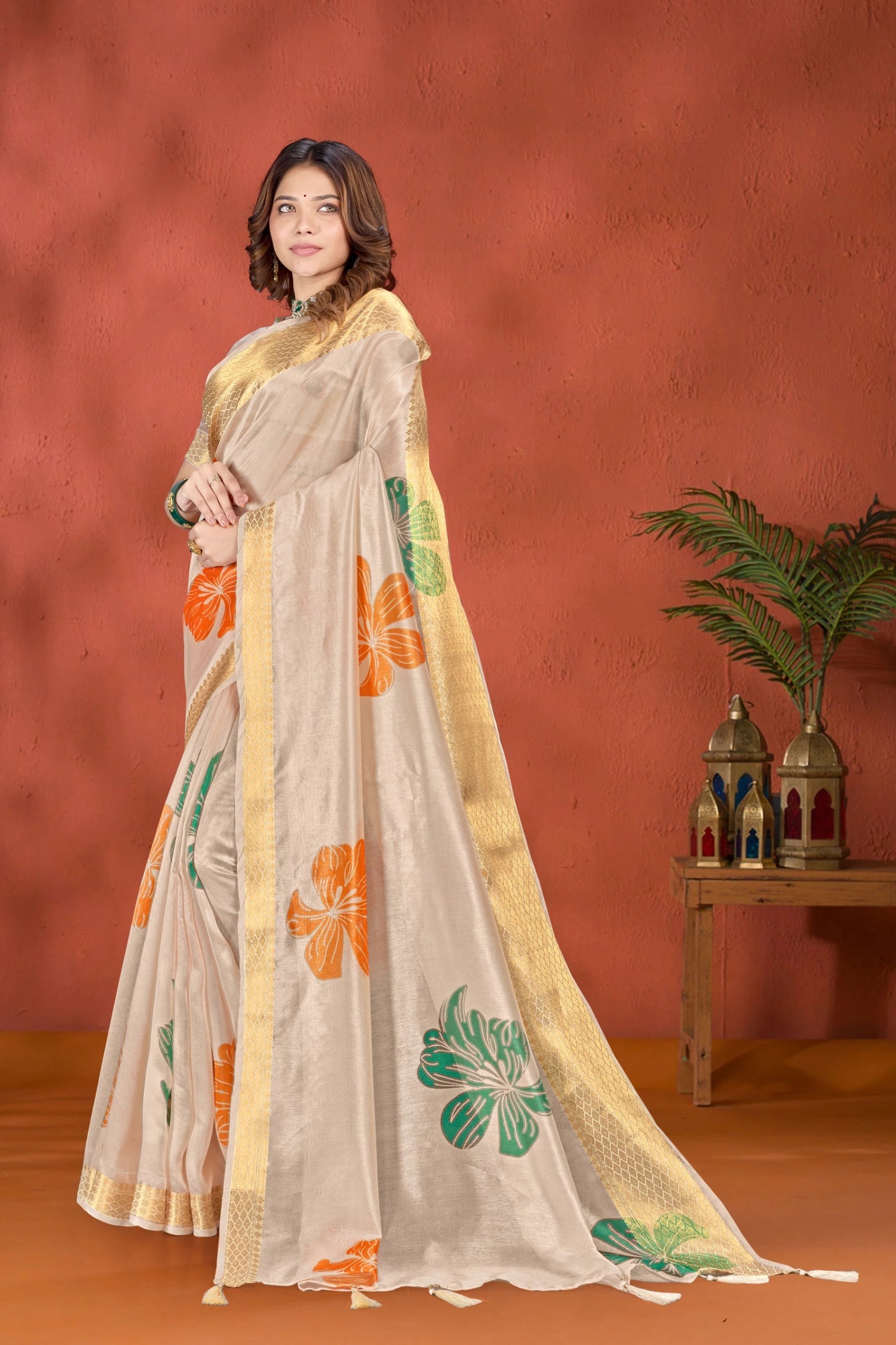 Beige Soft Silk Saree with Bold Floral Print & Golden Zari Border