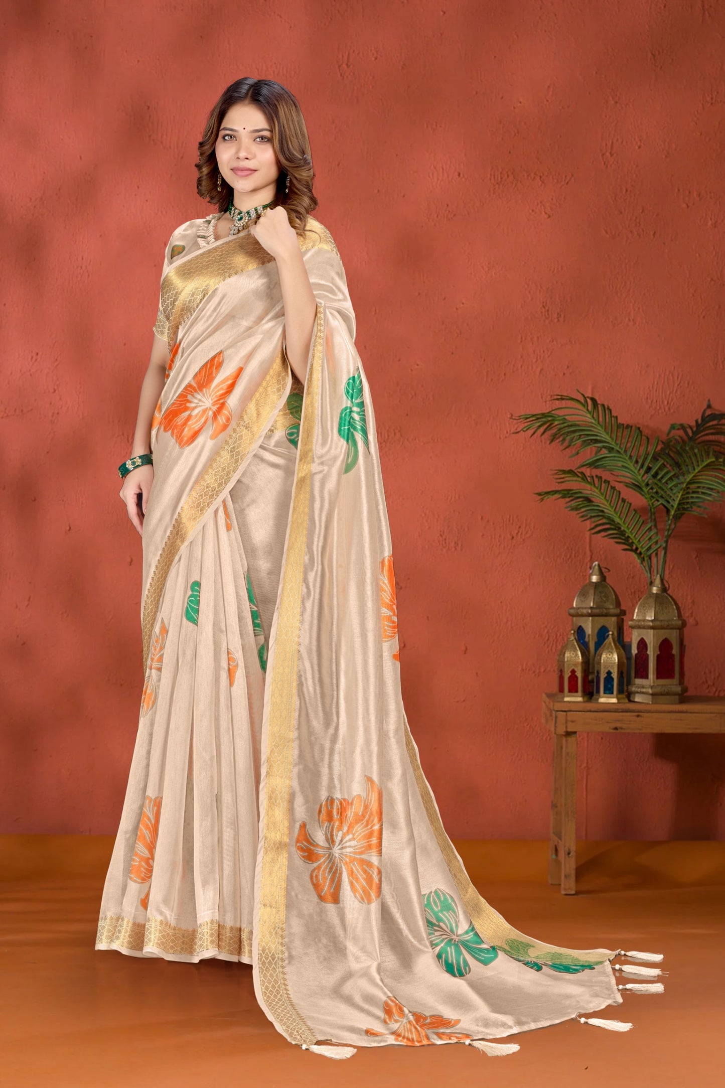 Beige Soft Silk Saree with Bold Floral Print & Golden Zari Border