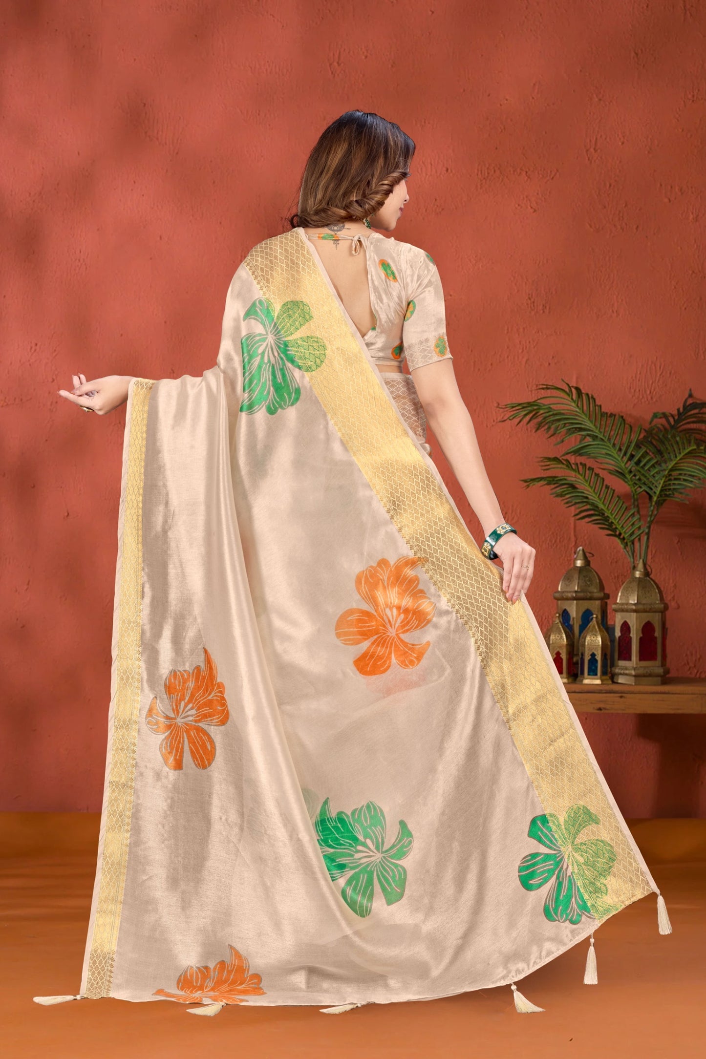 Beige Soft Silk Saree with Bold Floral Print & Golden Zari Border
