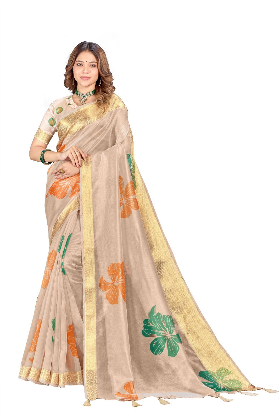Beige Soft Silk Saree with Bold Floral Print & Golden Zari Border