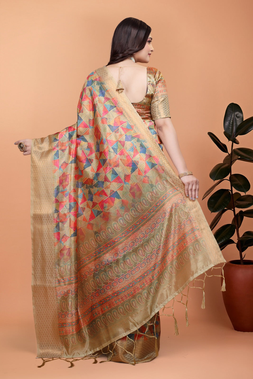 Golden Multicolor Soft Silk Saree with Geometric Weave & Ornate Pallu