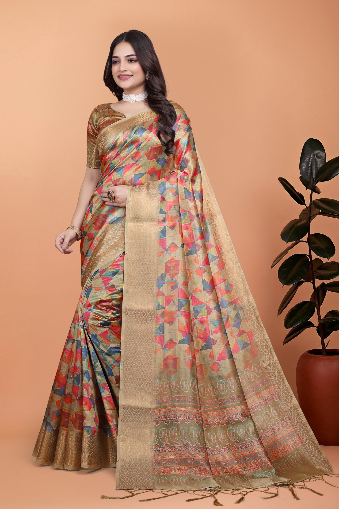Golden Multicolor Soft Silk Saree with Geometric Weave & Ornate Pallu