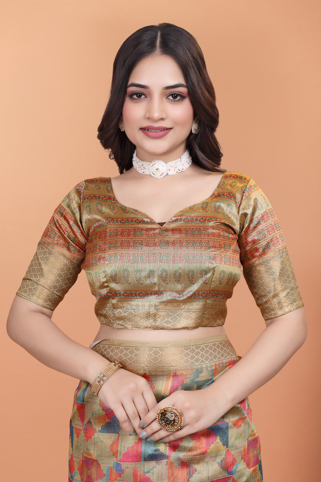 Golden Multicolor Soft Silk Saree with Geometric Weave & Ornate Pallu