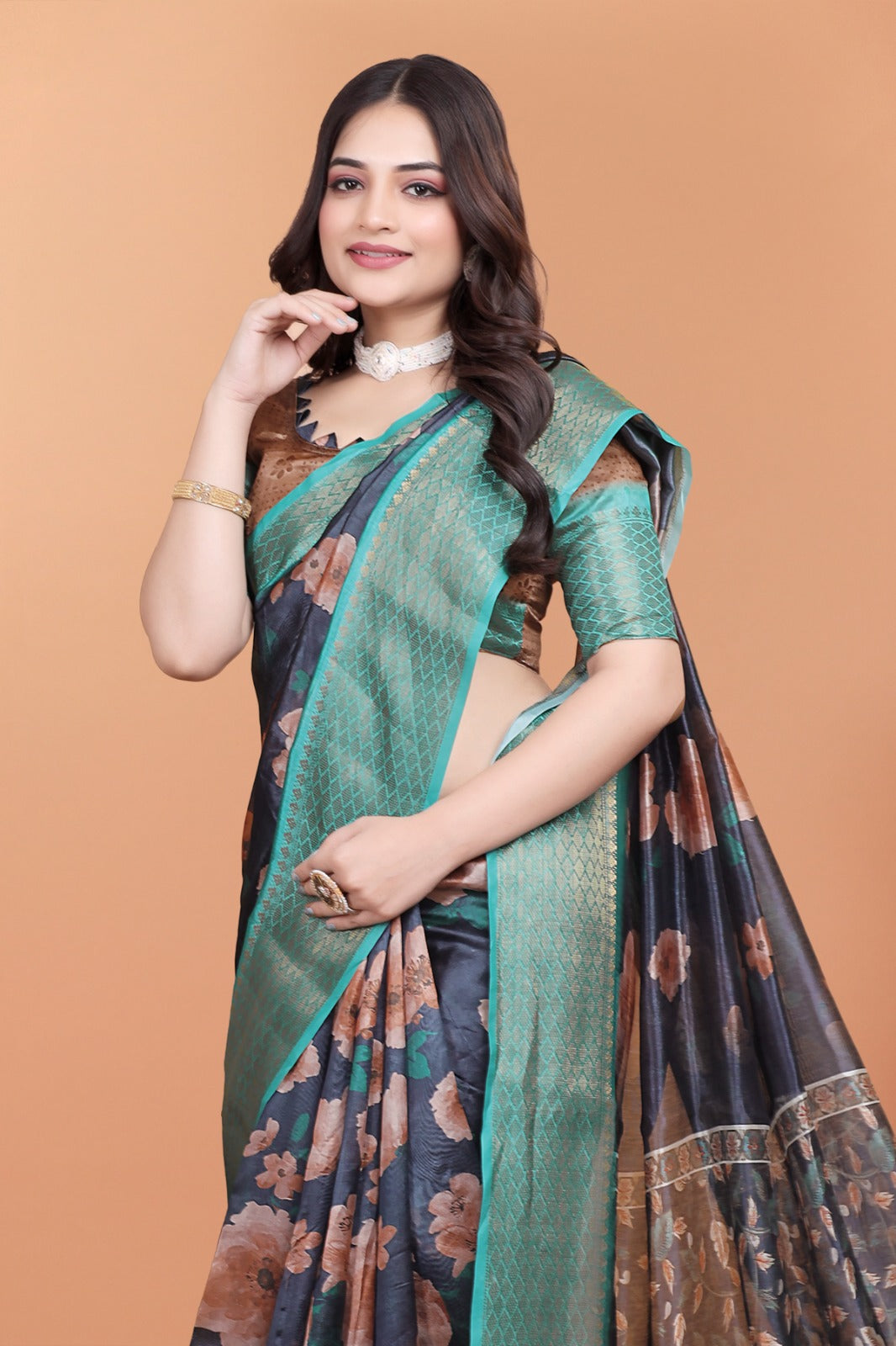Midnight Blue Soft Silk Saree with Peach Floral Print & Aqua Zari Border