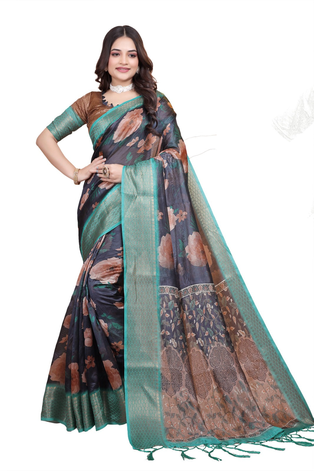 Midnight Blue Soft Silk Saree with Peach Floral Print & Aqua Zari Border