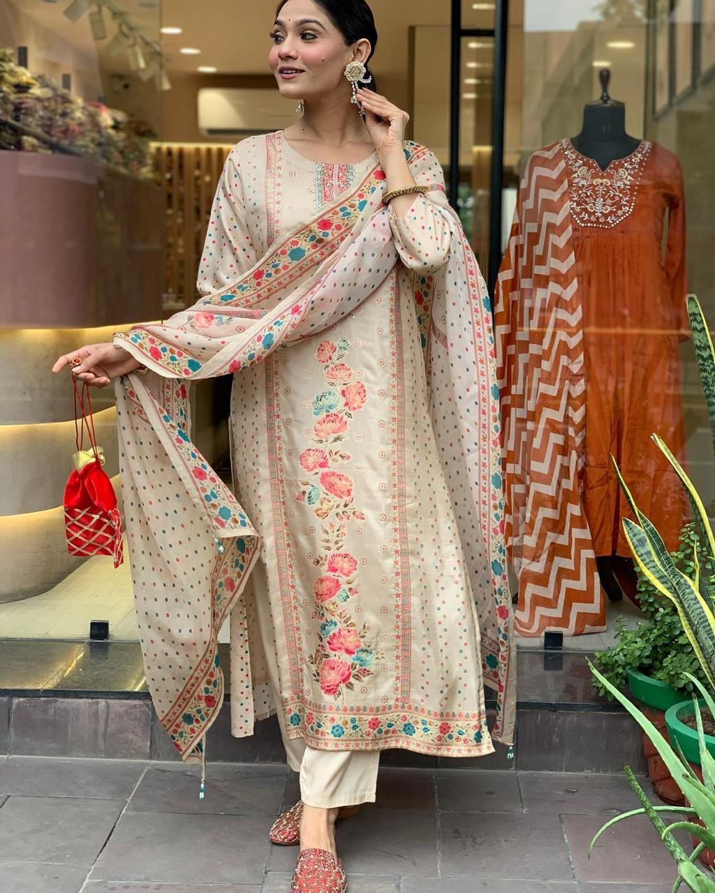 launching collection 2025. Multicoloured  print with  work and Dupatta