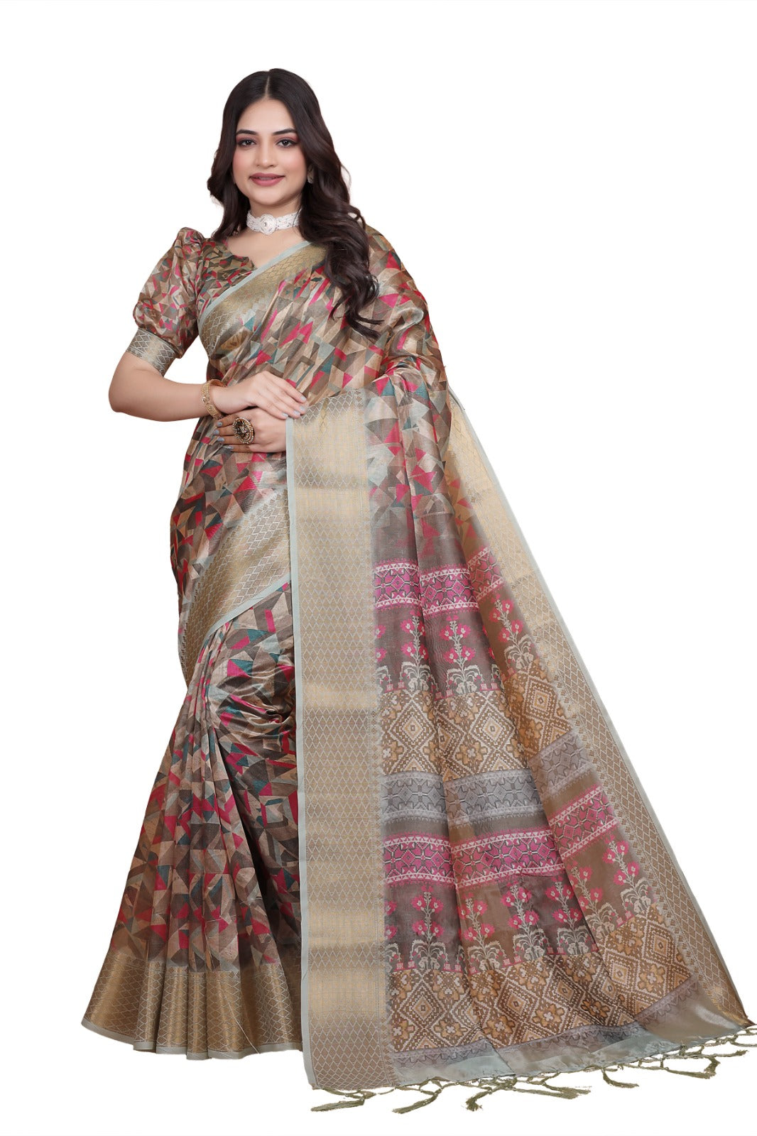 : Golden Beige Soft Silk Saree with Geometric Weave & Pink Ornamental Pallu