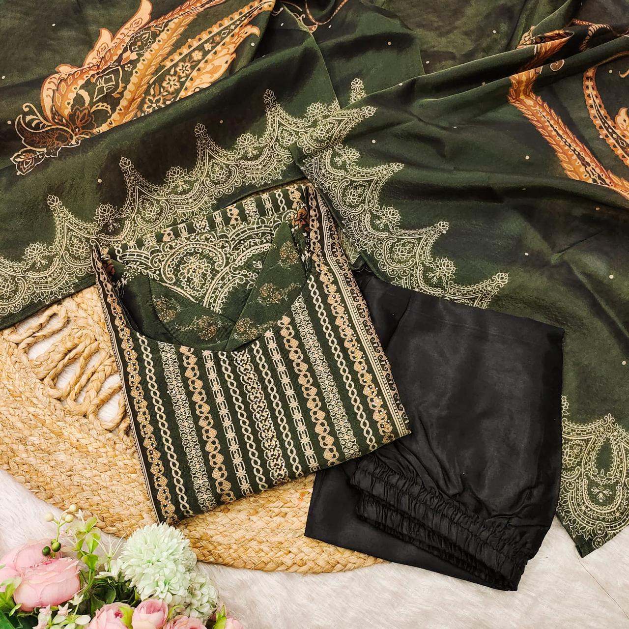 The showcases a beautiful and elegant Indian ethnic wear set. The combination of gold accents creates a sophisticated and timeless look